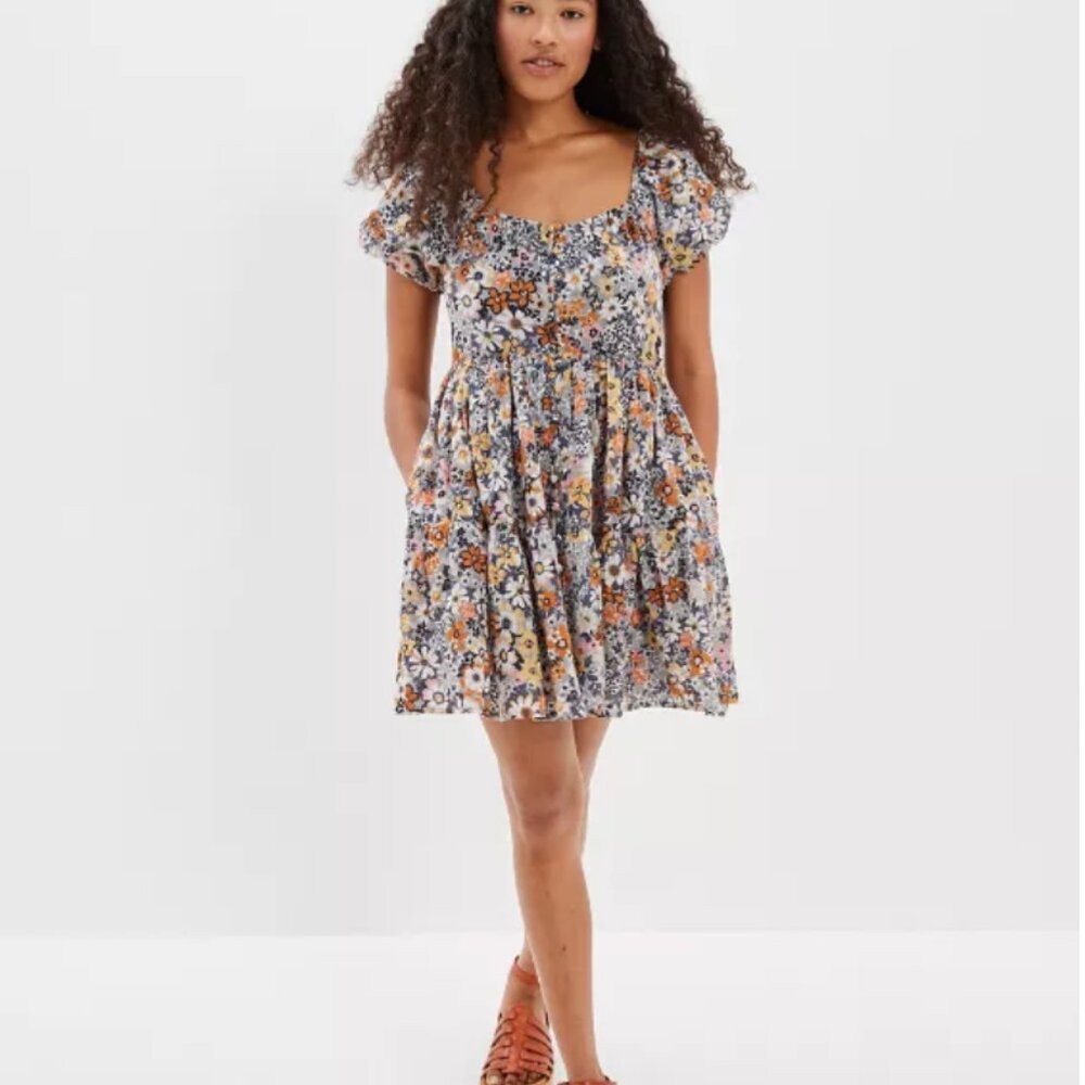 American Eagle Floral Cotton Button-Front Mini Summer Dress Coquette | Medium